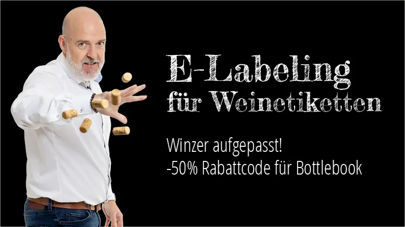 Links steht Johannes und wirft Weinkorken Rechts steht der Text: "E-Labeling für Weinetiketten - Winzer aufgepasst! -50% Rabattcode für Bottlebook"