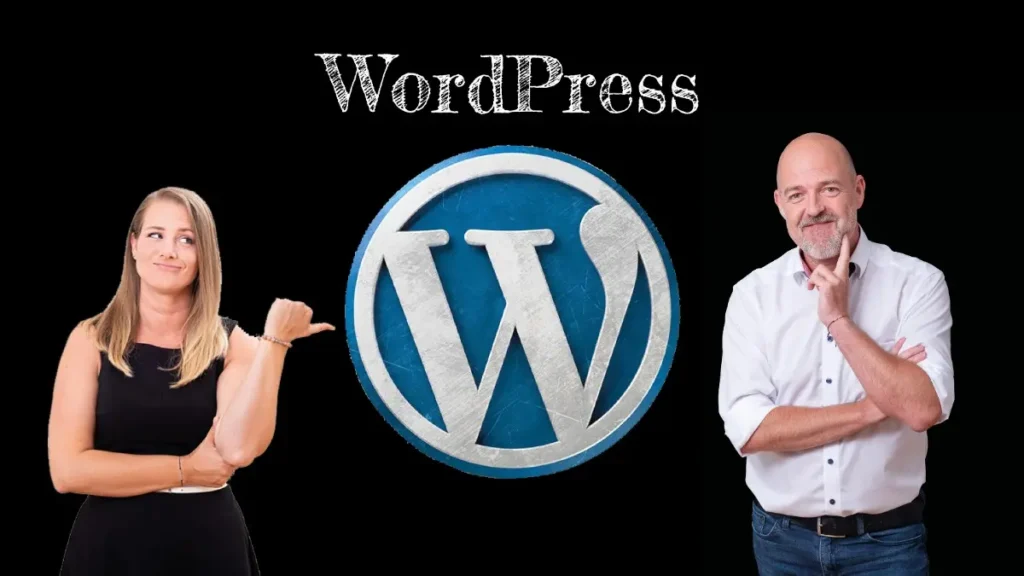 Links steht Sabrina und zeigt auf das WordPress Logo in der Mitte und Rechts steht Johannes nachdenkend