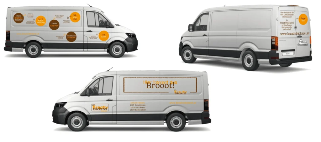Ansicht eines Kastenwagen mit der Autobeklebung der Bäckerei Kürrer