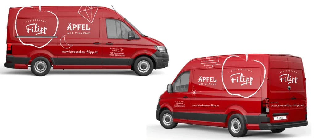 Zwei Ansichten eines Kastenwagen mit der Autobeklebung des Bioobstbau Fillip