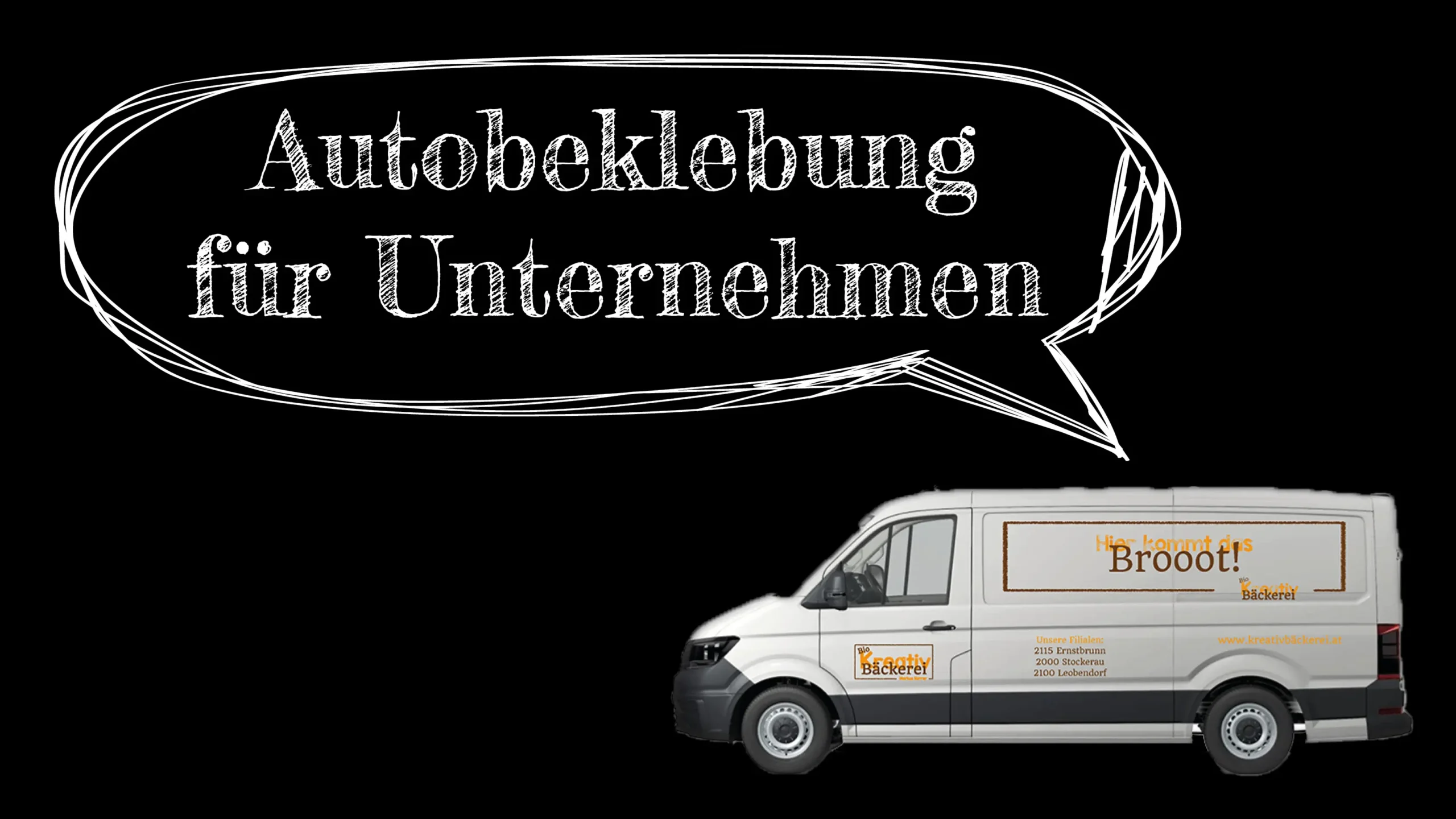 Oben steht der Text: "Autobeklebung für Unternehmen" in einer Sprechblase und darunter ein Kastenwagen
