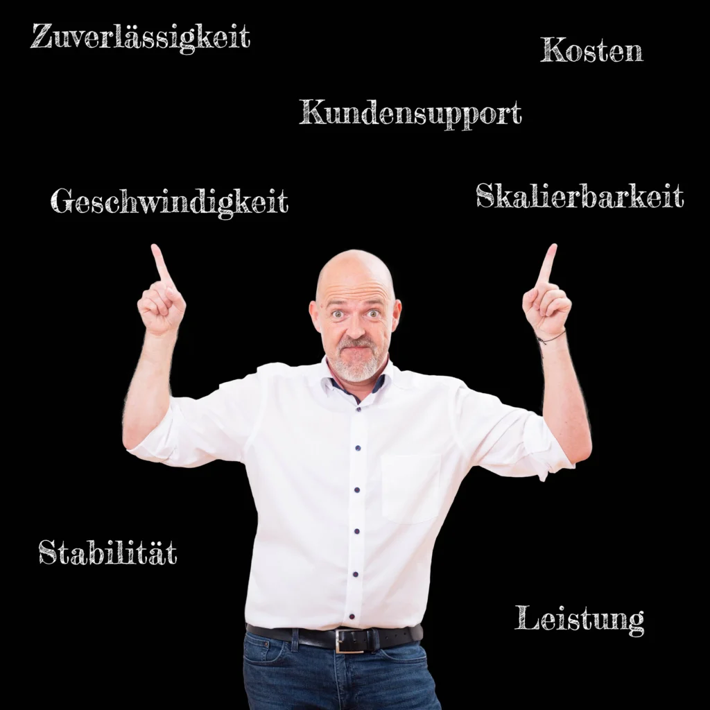 Johannes zeigt nach oben und um in herum stehen diese Wörter: "Zuverlässigkeit, Kundensupport, Kosten, Geschwindigkeit, Skalierbarkeit, Stabilität, Leistung" - Domain Webhosting
