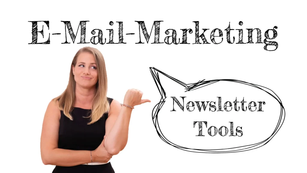 Oben steht: "E-Mail-Marketing" darunter steht Sabrina und zeigt nach rechts auf die Sprechblase mit dem Text: " Newsletter Tools"