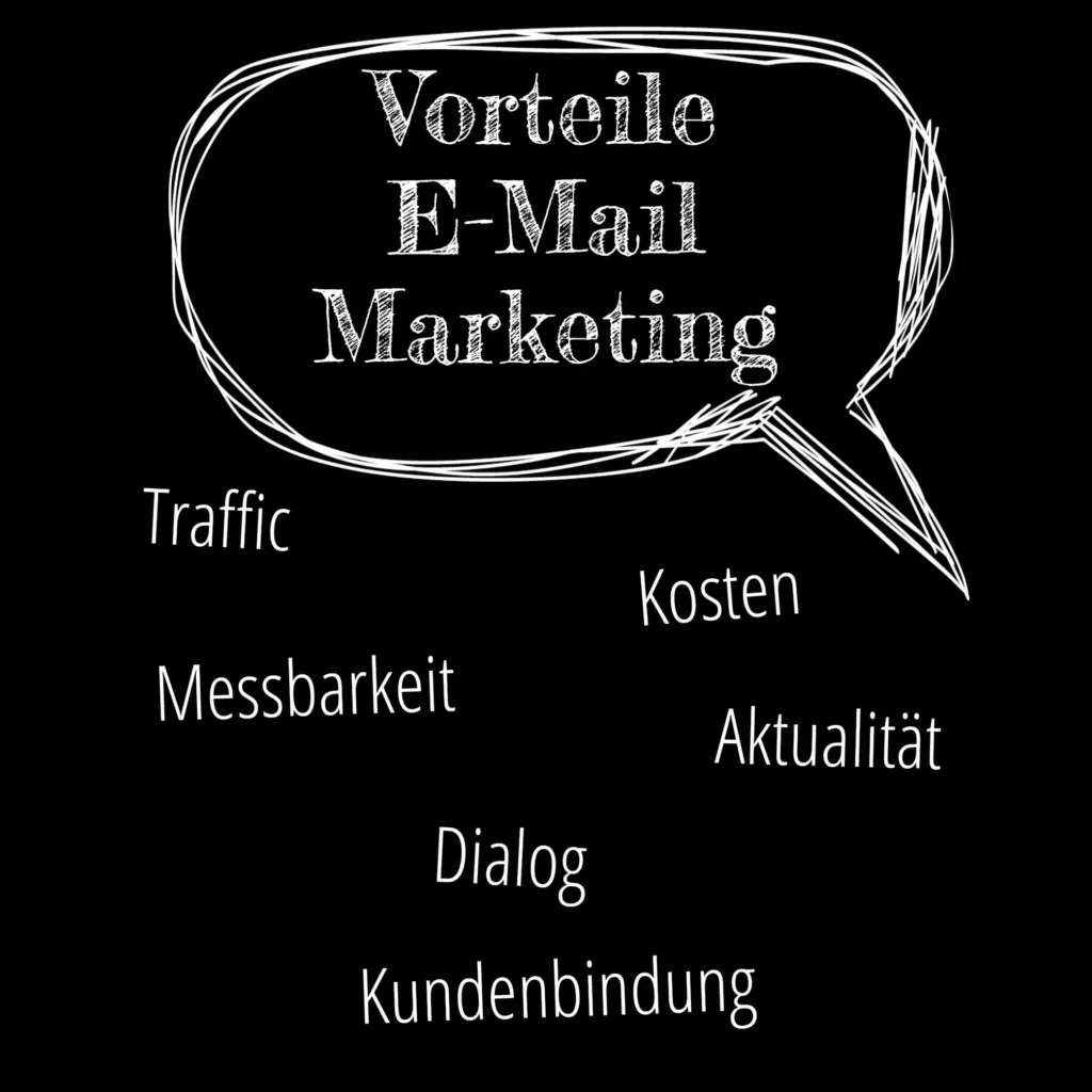 Oben steht der Text:"Vorteile E-Mail-Marketing" mit den Schlagwörtern:"Traffic, Messbarkeit, Kosten, Aktualität, Dialog und Kundenbindung"