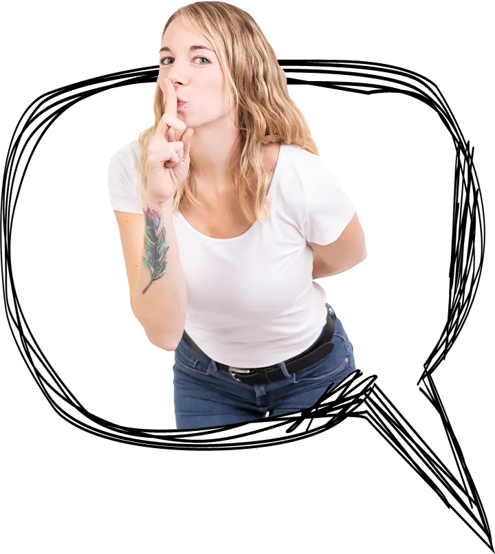 Bianca lehnt sich aus einer Sprechblase und macht die "Psst"-Geste mit Zeigefinger vor der Lippe - EINSigartige Webdesigner und Grafiker