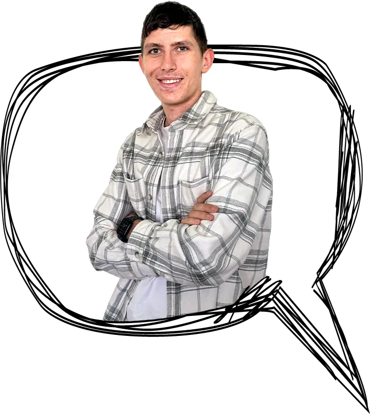 Markus steht lässig in einer Sprechblase - EINSigartige Webdesigner und Grafiker