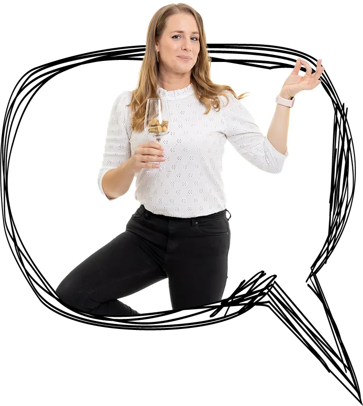 Sabrina steht in einr Sprechblase auf einem Bein und haltet in der einen Hand ein Weinglas mit Korken drinnen und zeigt mit der zweiten Hand die "Chin Mudra"-Geste -EINSigartige Webdesigner und Grafiker